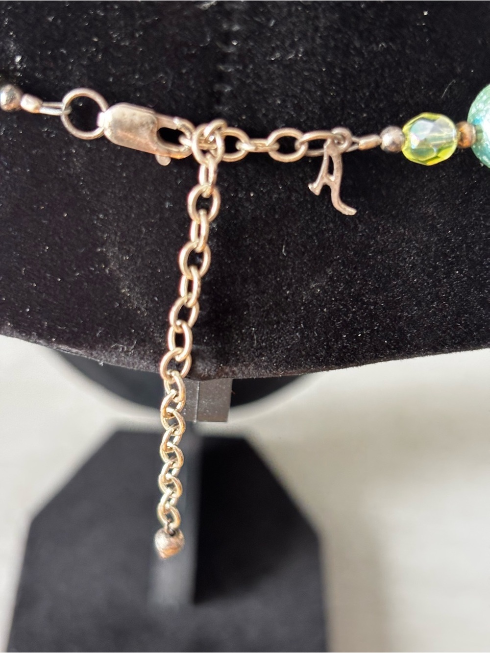 Sterling Vintage Stamped and Makers Stamp Charm Green Beaded Women's Necklace - Picture 3 of 5